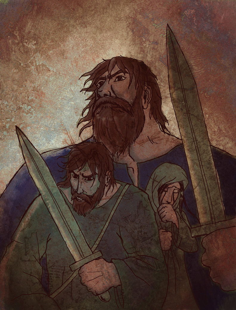 Dark illustration of Dinah and her brothers, Simeon and Levi, after she was assaulted. Inspired by Genesis Chapter 34.