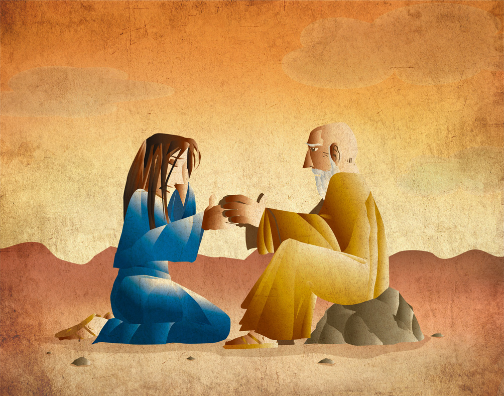 Vector illustration of the Shunammite woman meeting the prophet Elisha in the desert, after her son died. Inspired by 2 Kings Chapter 4.
