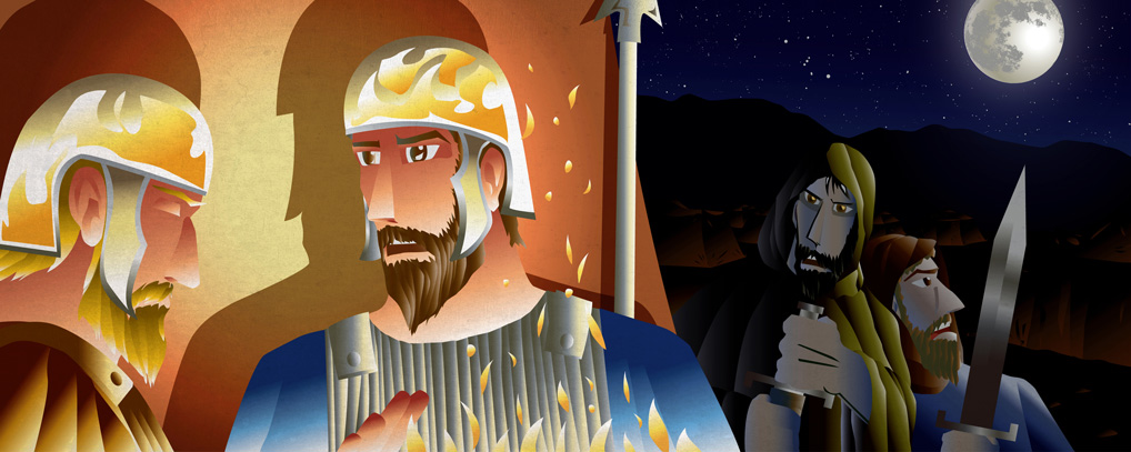 Vector illustration of Gideon and his servant surveying the camp at night, before attacking it. Inspired by Judges Chapter 7.