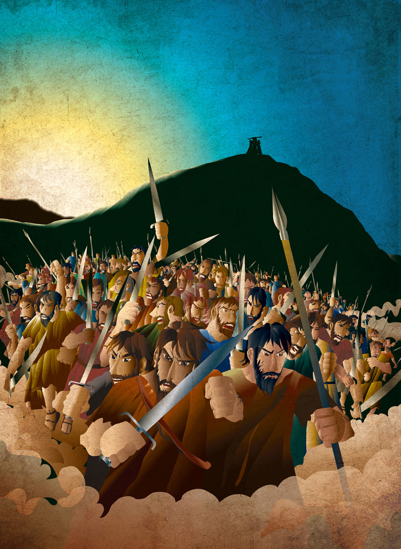 Vector illustration of Joshua leading the charge against the Amalakites, with Moses in the background, with his hands being held up by Aaron and Hur. Inspired by Exoducs Chapter 17.