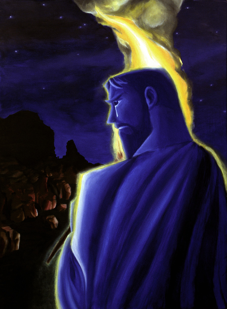 Oil painting of Nehemiah, in the dark of night, with a torch in his hand, looking and crying at the broken walls of Jerusalem. Inspired by Nehemiah Chapter 2.