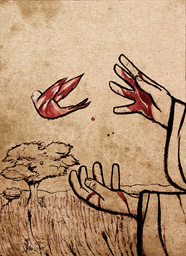 Watercolor and ink illustration of a Levitical priest letting a bird, that is red with blood, fly away in an open field. Inspired by Leviticus 14.