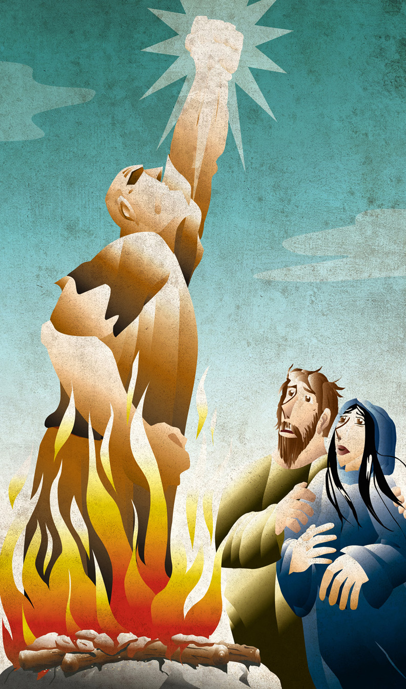 Vector illustration of Samson's parents offering a sacrifice and the angel of YHWH ascending. Inspired by Judges Chapter 13.