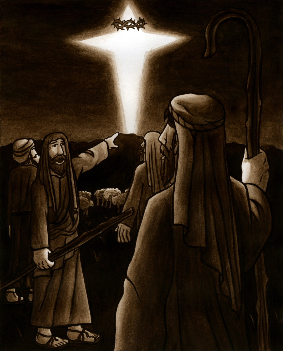 Watercolor of the shepherds looking at the star of Bethlehem. Inspired by Luke Chapter 2.