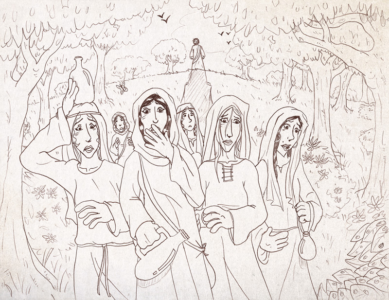 Pencil illustration of the women visiting the empty tomb on Resurrection Sunday. Jesus is in the background, standing. Inspired by Matthew Chapter 16.