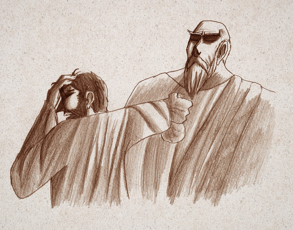Pencil drawing of the unjust steward giving back his master his money without any interest. Inspired by Matthew Chapter 25.